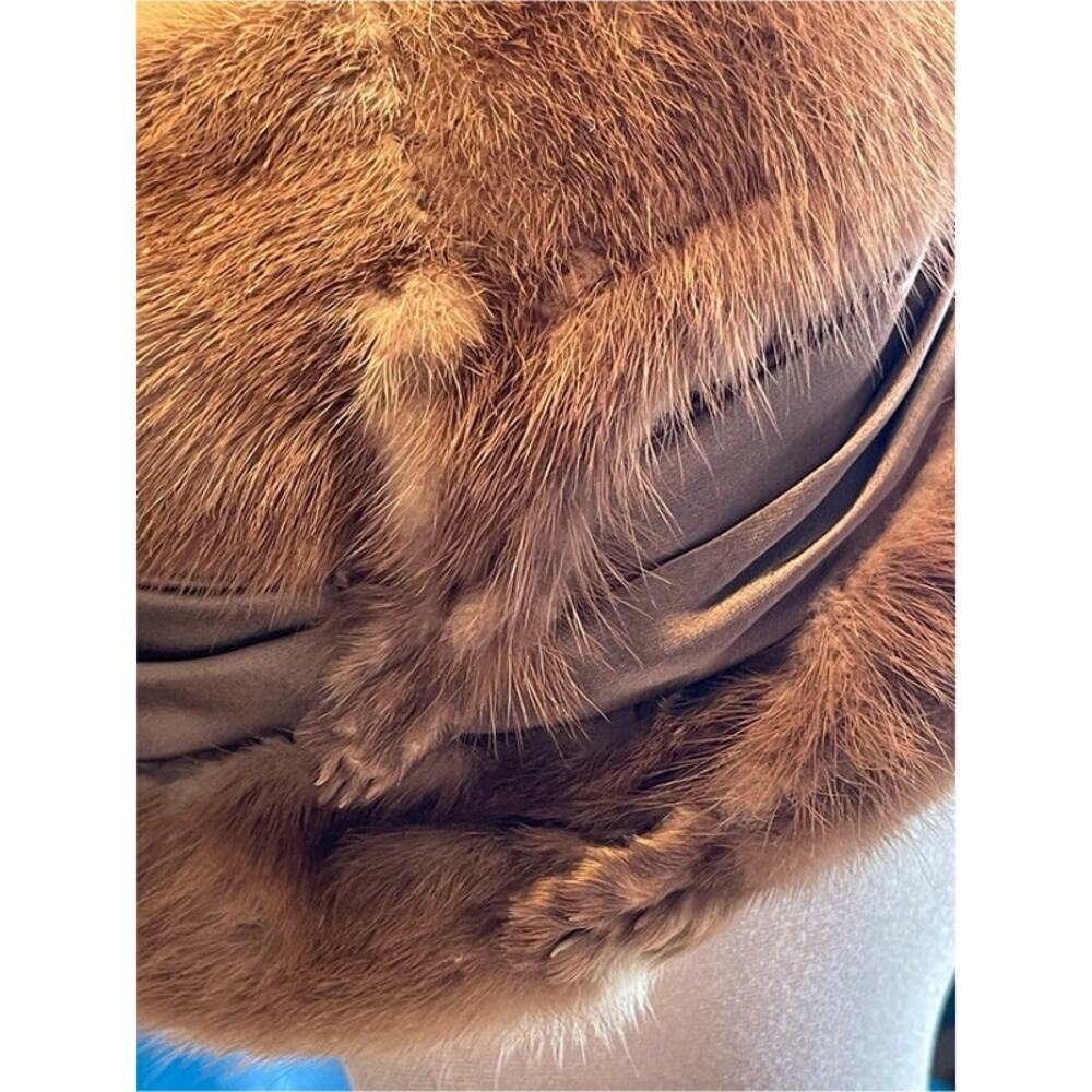 Vintage Amrose New York Genuine Mink Fur Satin Cloche Hat Cossack Winter Brown - Picture 3 of 8